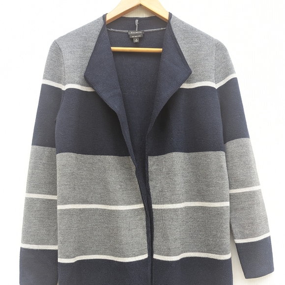 TALBOTS pure merino wool navy gray colorblock open front long cardigan coatigan - Picture 4 of 8